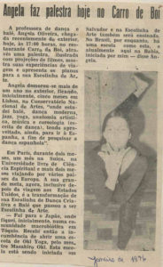 Matéria sobre palestra de Ângela Oliveira no restaurante Carro de Boi (1976)